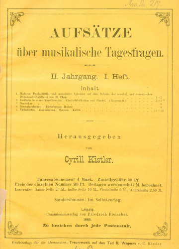 Kistler - Aufsätze über musikalische Tagesfragen - Complete text Vol.2 (1885)
