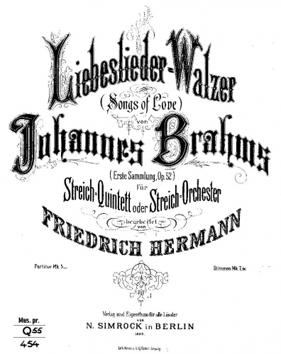 Brahms - Liebeslieder Waltzes - For String Quintet or String Orchestra (Hermann)