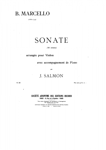 Marcello - 6 Sonatas for Cello and Continuo, Op. 1 - Sonata in E minor (No. 2) For Violin and Piano (Salmon)