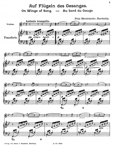 Mendelssohn - 6 Gesänge - Auf Flügeln des Gesanges (No. 2) For Violin and Piano