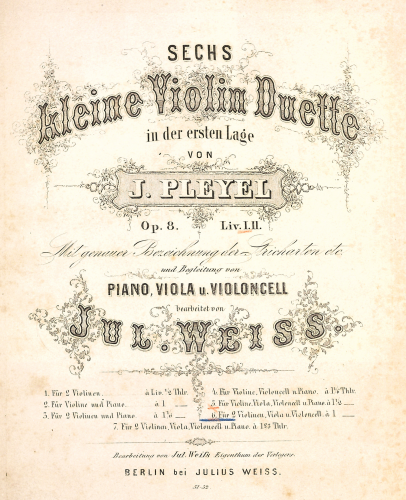 Pleyel - 6 Duos - Selections (B.538-540) For String Quartet (Weiss)