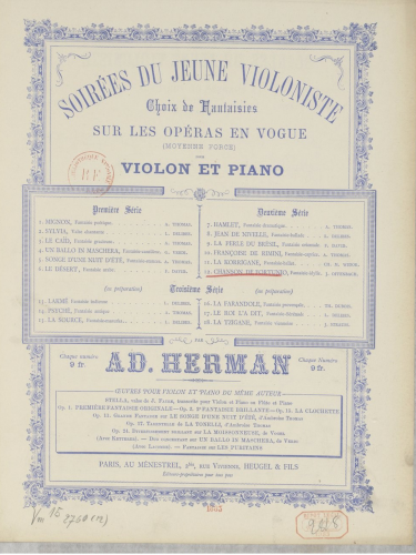 Herman - Les Soirées du jeune Violoniste - Scores and Parts - 12. Fantaisie-idyll sur "Chanson de Fortunio" (Offenbach)