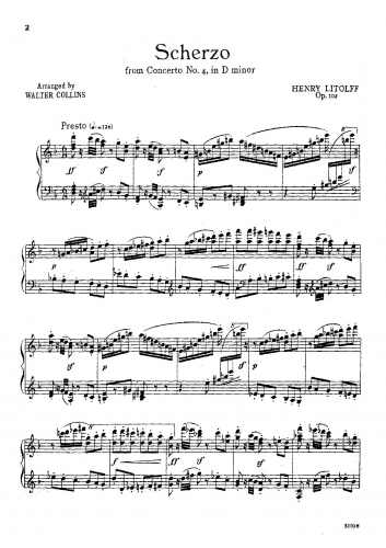 Litolff - Concerto Symphonique No. 4 - Scherzo For Piano solo (Collins) - Score