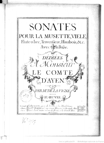 La Vigne - Sonates pour la musette, vièle, flute?à?bec, traversière, haubois et avec la basse - Score