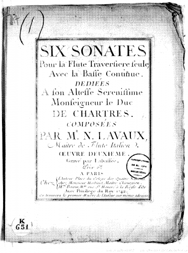 Lavaux - 6 Sonates pour la flute traversière seule, avec la basse continue - Score