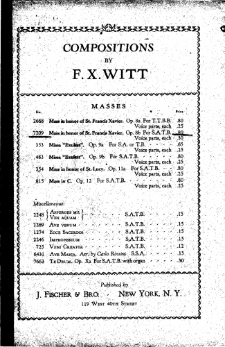 Witt - Mass in honor of St. Francis Xavier - Arrangements and Transcrptions For Mixed Chorus and Organ (Composer) - Score