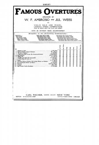 Weber - Der Freischütz - Overture For 2 Violins, Viola, Cello and Piano (Weiss)