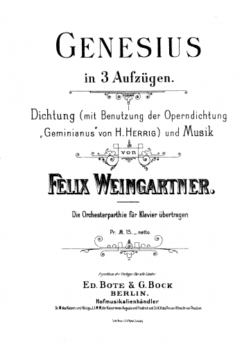 Weingartner - Genesius, Op. 14 - Vocal Score - Score
