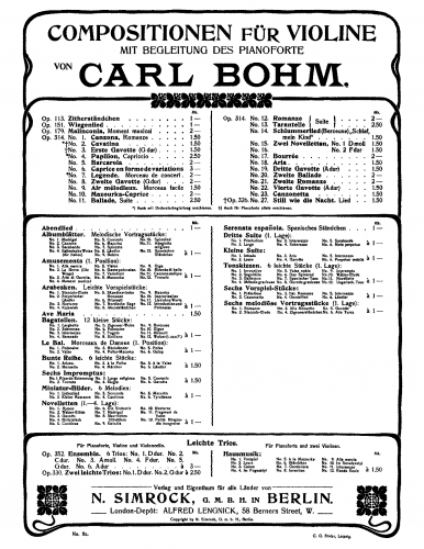 Bohm - 23 Pieces for Violin and Piano - Scores and Parts Gavotte No. 4 (No. 22)