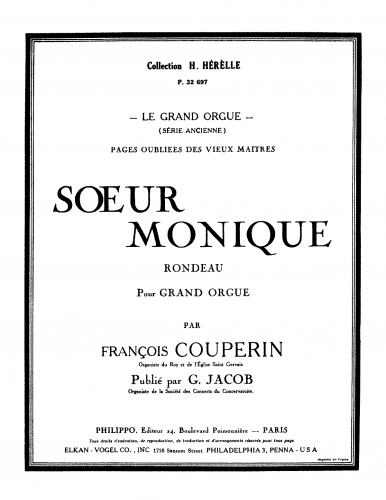 Couperin - Troisième livre de pièces de clavecin - Ordre XVIII: oeur Monique (No. 3) For Organ (Jacob) - Score
