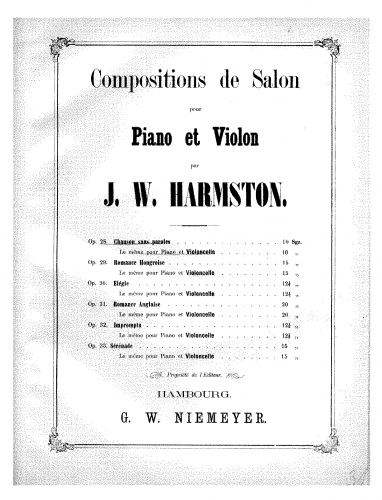 Harmston - Chanson sans paroles, Op. 28 - piano score