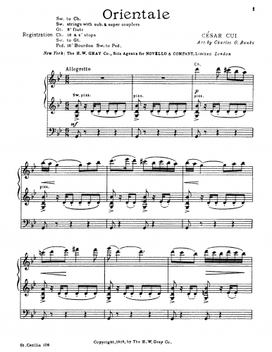 Cui - Kaleidoscope - Orientale (No. 9) For Organ (Banks) - Score