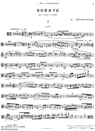 Honegger - Sonate pour Alto et Piano - Score