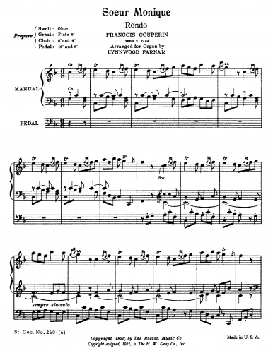 Couperin - Troisième livre de pièces de clavecin - Ordre XVIII: oeur Monique (No. 3) For Organ (Farnam) - Score