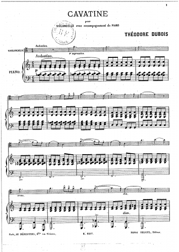 Dubois - Cavatine for Cello and Piano - Scores and Parts