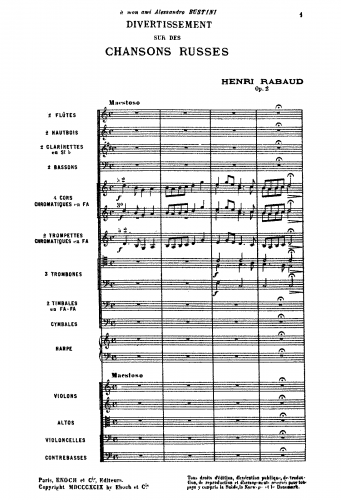 Rabaud - Divertissement sur des chansons Russes, Op. 2 - Score