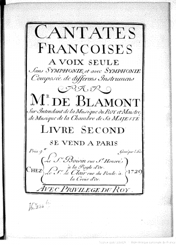 Colin de Blamont - Cantates françoises à voix seule - Livre second