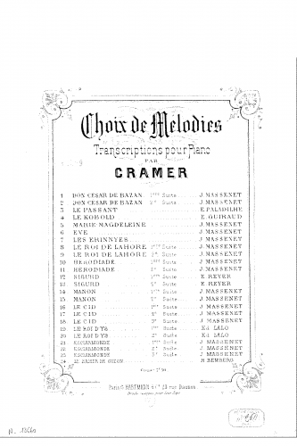 Cramer - Choix de mélodies sur 'Esclarmonde' - Score