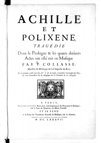 Collasse - Achille et Polixène - Score