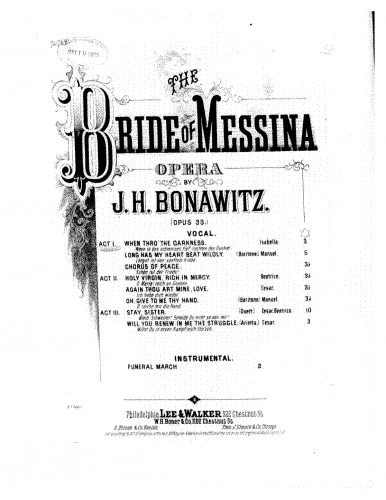 Bonawitz - Die Braut von Messina - Vocal Score Selections - Score