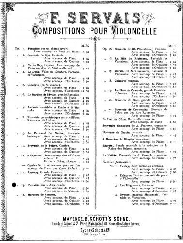 Servais - Fantasie sue 2 Airs Russes - For Cello and Piano