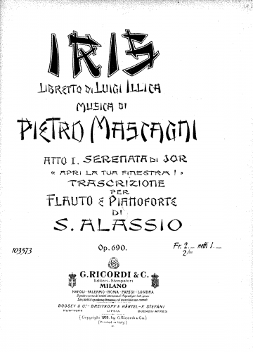 Mascagni - Iris - Serenata di Jor: "Apri la tua finestra" (Act I) For Flute and Piano (Alassio) - Piano score and Flute part