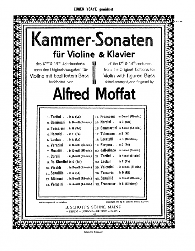 Leclair - Premier livre de sonates a violon seul avec la basse continue... Il y a quelqu'unes [i.e. no. 2 et 6] de ces sonates qui peuvent ce [!] jouer sur la flute traversiere. - Sonata No. 5 in A major For Violin and Piano (Moffat)