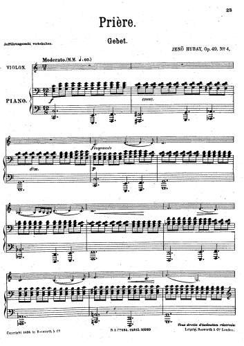 Hubay - Mosaïque - Scores and Parts No. 4. Priere - Piano score and Violin part