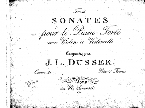 Dussek - Three Sonatas for piano with violin and violoncello, Op. 21