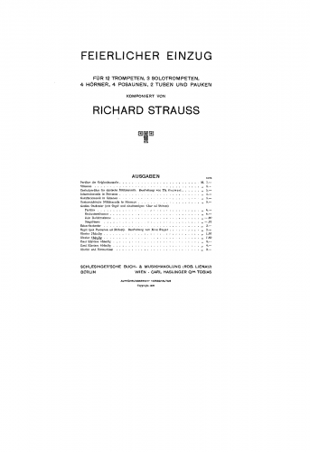 Strauss - Feierlicher Einzug für Blechbläser und Pauken, TrV.224 - For Piano 4 hands (Doebber) - Score