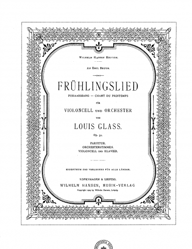 Glass - Frühlingslied, Op. 31 - For Cello and Piano - Cello and Piano score, solo part