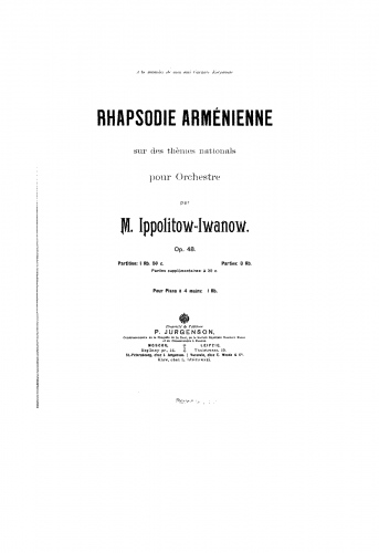 Ippolitov-Ivanov - Armenian Rhapsody on National Themes, Op. 48 - For Piano 4 hands (Composer) - Score