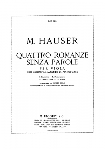 Hauser - 4 Romances Without Words - For Viola and Piano (Polo) - Piano Score, Viola Part