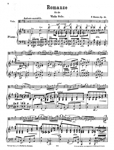 Manns - Romanze, Op. 31 - For Viola and Piano - Piano Score and Viola part