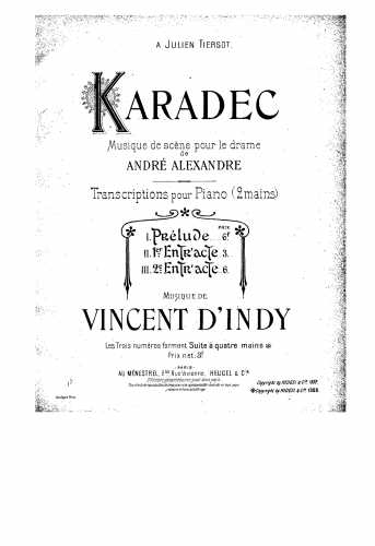 Indy - Karadec - Selections (Prelude, Entr'actes 1, 2) For Piano 4 hands (Alder) - Score
