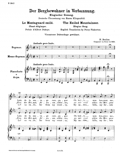 Berlioz - Le montagnard exilé, Chant élégiacque - Score