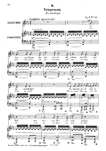 Franz - 12 Gesänge, Op. 5 - Vocal Score - 10. Vergessen (Forebodings)