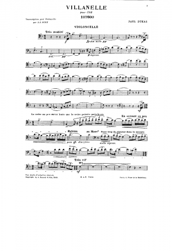 Dukas - Villanelle - For Cello & Piano - Cello Part
