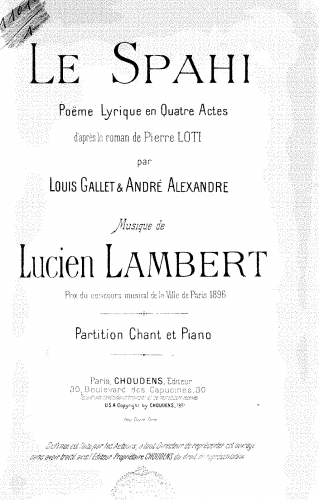 Lambert - Le spahi - Vocal Score - Score