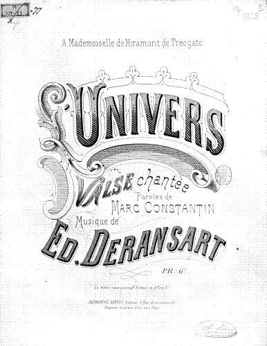 Deransart - L'univers - For Voice and Piano - Score