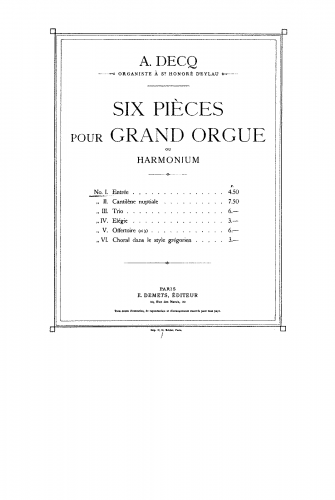 Decq - 6 Pièces pour Grand Orgue - Score