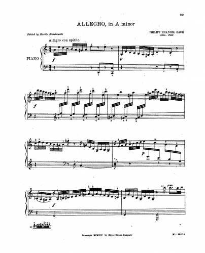 Bach - Piano Sonata in A Minor from 'Clavier-Sonaten nebst einigen Rondos für Kenner und Liebhaber, III' - Allegro