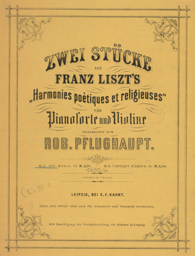 Liszt - Harmonies poétiques et religieuses (1853) - Selections For Violin/Cello and Piano (Pflughaupt)