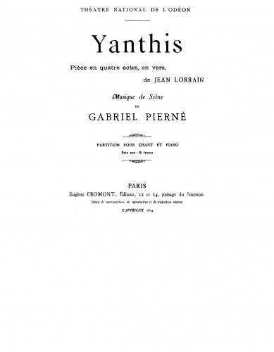 Pierné - Yanthis - Vocal Score - Score