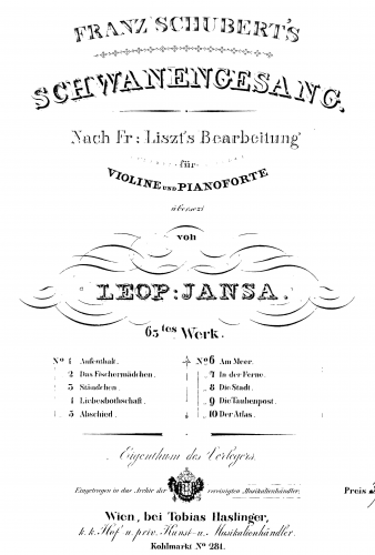 Schubert - Schwanengesang - Aufenthalt (No. 5) For Violin and Piano (Jansa)