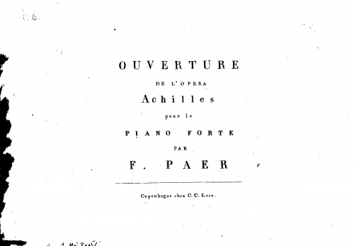 Paër - Achille - Ouverture For Piano solo - Score