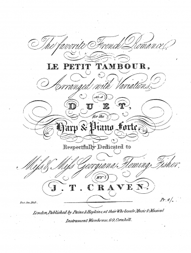 Craven - The favorite French Romance, Le Petit Tambour, Arranged with Variations, as a Duet for the Harp & Piano Forte - Harp part