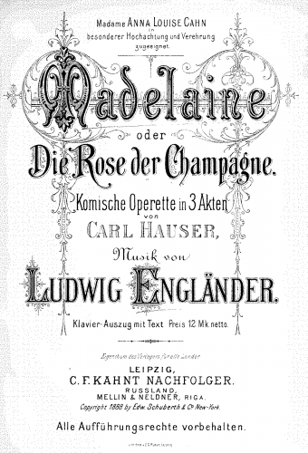 Engländer - Madelaine, oder Die Rose der Champagne - Vocal Score - Score