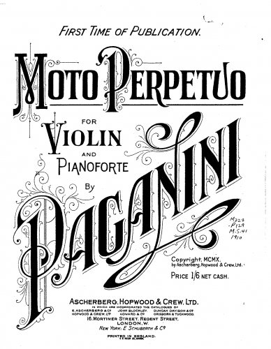 Paganini - Guitar Quartet No. 14 - Allegro vivace "Moto perpetuo" For Violin and Piano (Composer) - Score