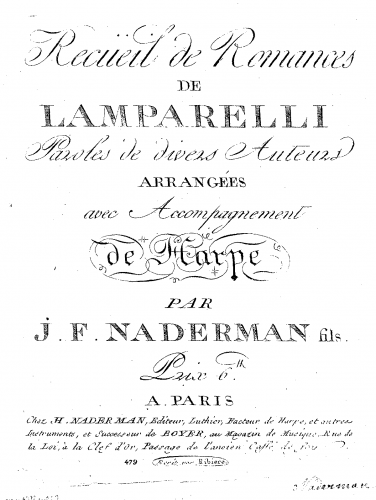 Naderman - Recueil de Romances de Lamparelli, Paroles de divers Auteurs Arrangees avec Accompagnement de Harpe - Score